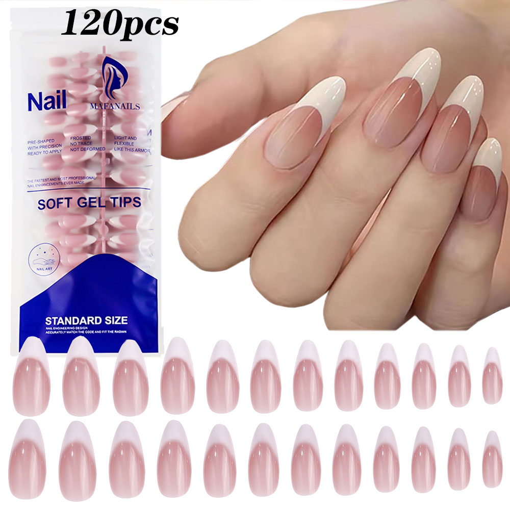 Nail Art Pink - 120pcs สีชมพูอัลมอนด์ขนาดกลางภาษาฝรั่งเศสคําเล็บปลอมการออกแบบสีขาวภาษาฝรั่งเศสคํากดบนเล็บเต็มรูปแบบอะคริลิคเจลเล็บปลอมเคล็ดลับ #