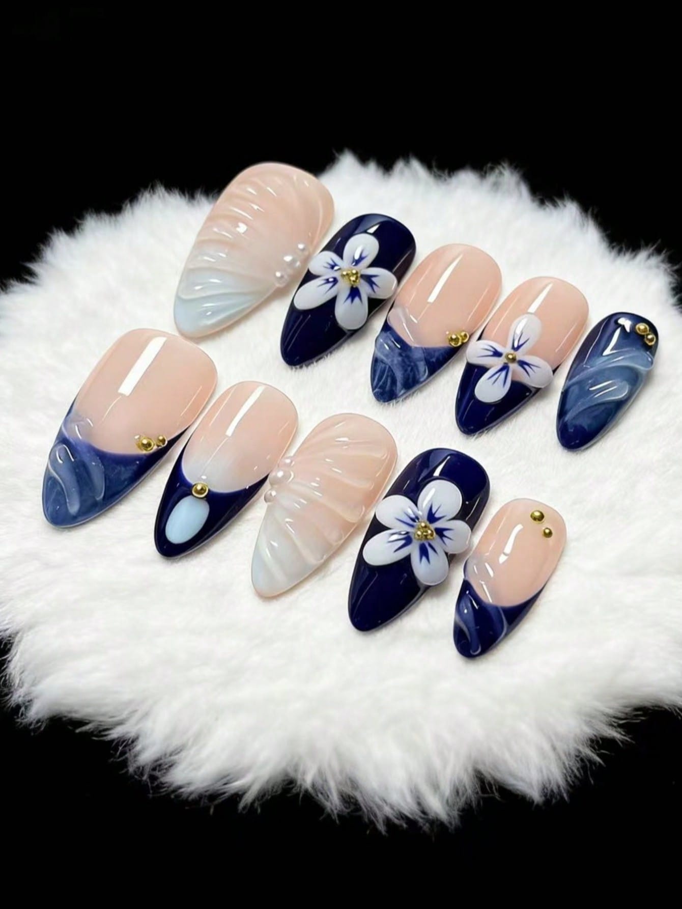Nail Art French Nails - ชุดทำเล็บลายคลื่นสไตล์ฝรั่งเศสรูปทรงอัลมอนด์ 10 ชิ้น เหมาะสำหรับวันหยุดริมทะเล ทริปเที่ยวในป่า ชุดสไตล์จีน