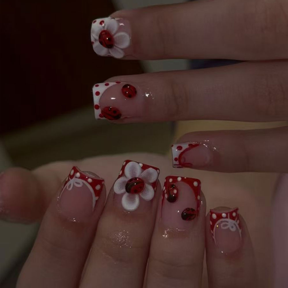 Nail Art French Nails - 24 ชิ้นต่อชุด สติ๊กเกอร์ตกแต่งเล็บลายดอกไม้ 3D รูปทรงสี่เหลี่ยม ลายจุด
