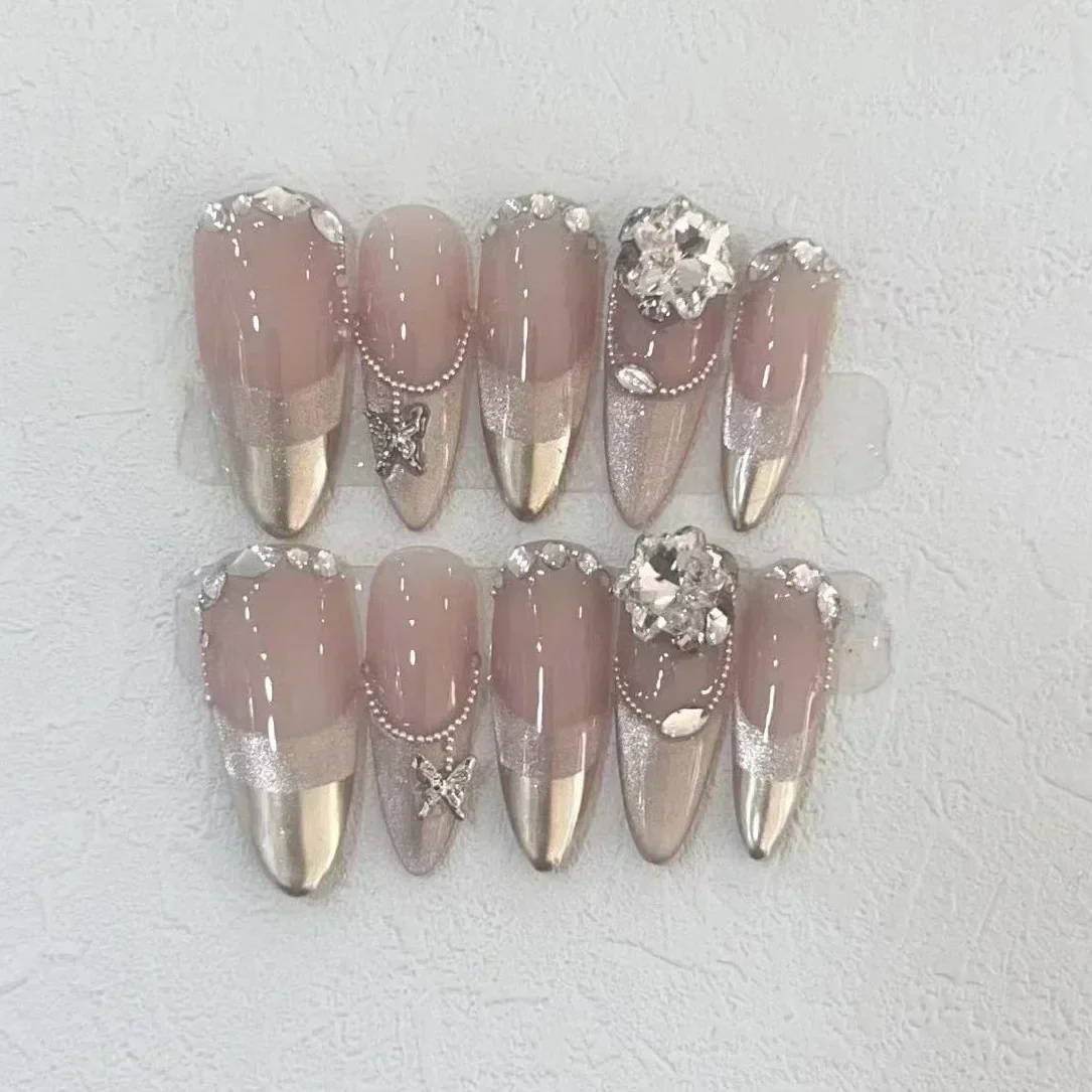 Nail Art Pink - 10 ชิ้นทําด้วยมือกดบนเล็บเต็มรูปแบบผีเสื้อ Rhinestones ออกแบบสีชมพูอัลมอนด์เล็บปลอมสวมใส่เล็บเคล็ดลับเล็บ Art