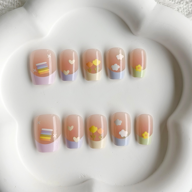 Nail Art French Nails - สติ๊กเกอร์ติดเล็บปลอมลายเฟรนช์แมนิคิวร์สไตล์หวานสดใสแบบโดพามีน 10 ชิ้น สำหรับผู้หญิง