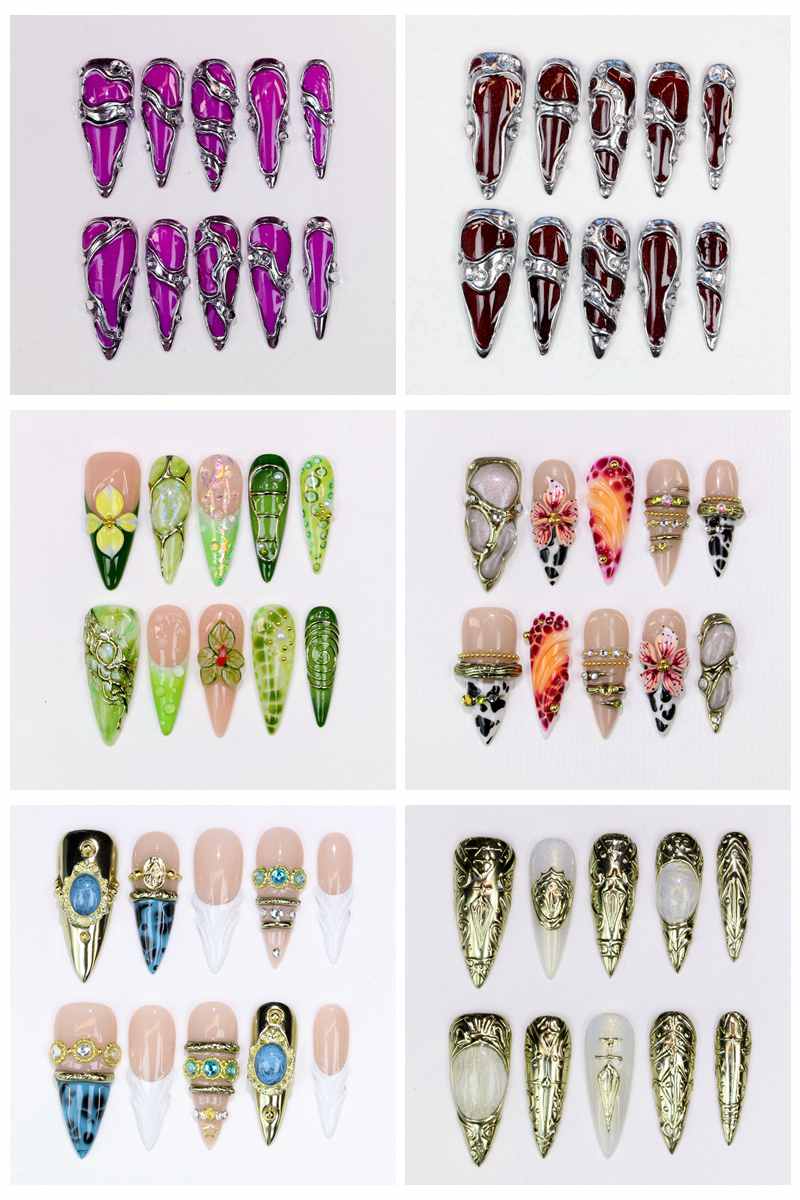 Nail Art Glossy - เล็บปลอมทรงสติเลตโต้ยาว 10 ชิ้น เคลือบเงา ลายดอกไม้สีม่วงเพ้นท์มือ สำหรับงานแต่งงานและงานอีเวนต์