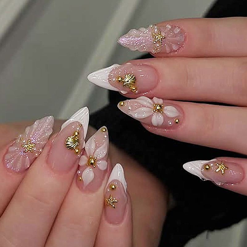 Nail Art Pink - ชุดเล็บปลอมแบบกดติด 24 ชิ้น ลายดอกไม้สีชมพูหวาน ดีไซน์เปลือกหอยมุก พร้อมใช้งานซ้ำได้