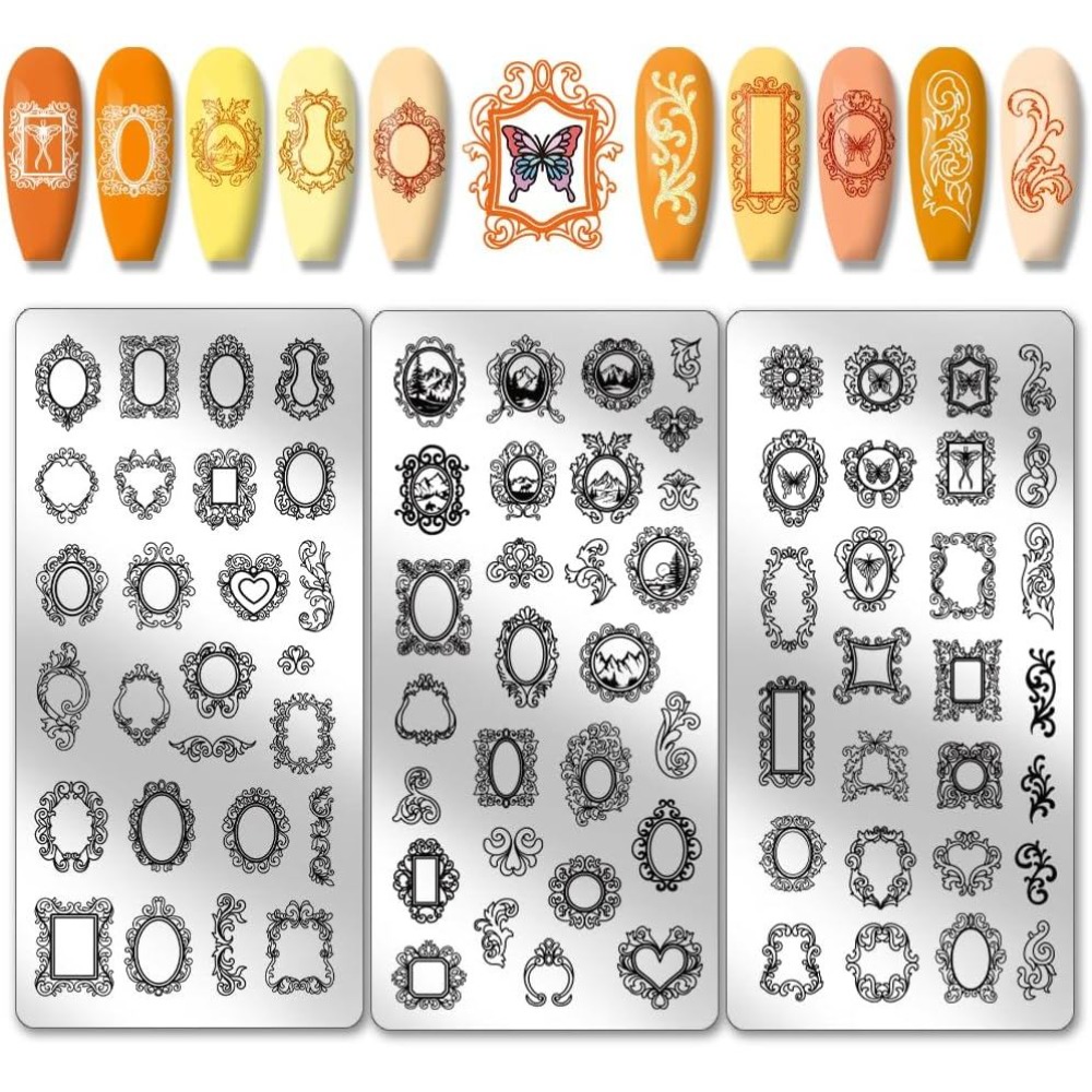 Nail Art Vintage - แผ่นปั๊มลายเล็บลายกรอบรูปวินเทจ 3 ชิ้น แบบผสมลายกรอบรูปและวิวทิวทัศน์ แม่แบบลายเล็บ แผ่นลายเล็บ