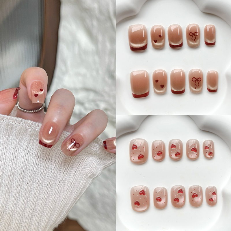 Nail Art French Nails - 10 ชิ้น สติ๊กเกอร์ติดเล็บลายฝรั่งเศส น่ารักหวานๆ แบบกดติด ผงบลัชออน