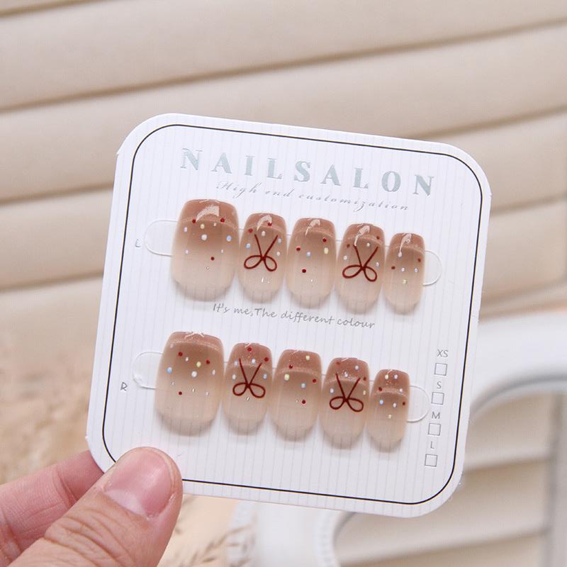 Nail Art Simple - 10 ชิ้น/เซ็ตสีชมพูGradient Handmadeสั้นเล็บปลอมโบว์ออกแบบเล็บแฟชั่นกดบนเล็บปลอมสําหรับผู้หญิง & สาว