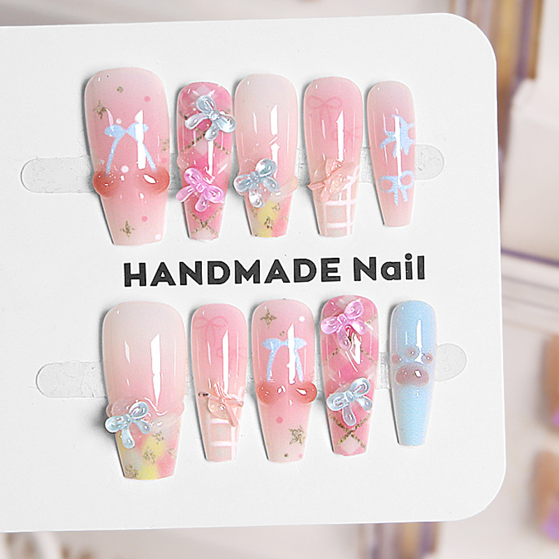Nail Art French Nails - 10 ชิ้น เล็บปลอมทรงโลงศพสไตล์ฝรั่งเศสสุดหรูหรา งานแฮนด์เมด สวยงาม ดูมีเสน่ห์