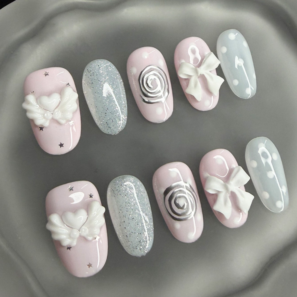 Nail Art Vintage - เล็บปลอมสไตล์วินเทจเกาหลีแบบกดติด ทำมือ ลายจุดน่ารัก สีชมพูขาว แต่งเล็บลายโบว์ 3