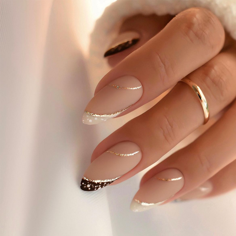 Nail Art French Nails - เล็บปลอมสไตล์ฝรั่งเศส 24 ชิ้น แพทช์เล็บสี่เหลี่ยมแอปริคอท