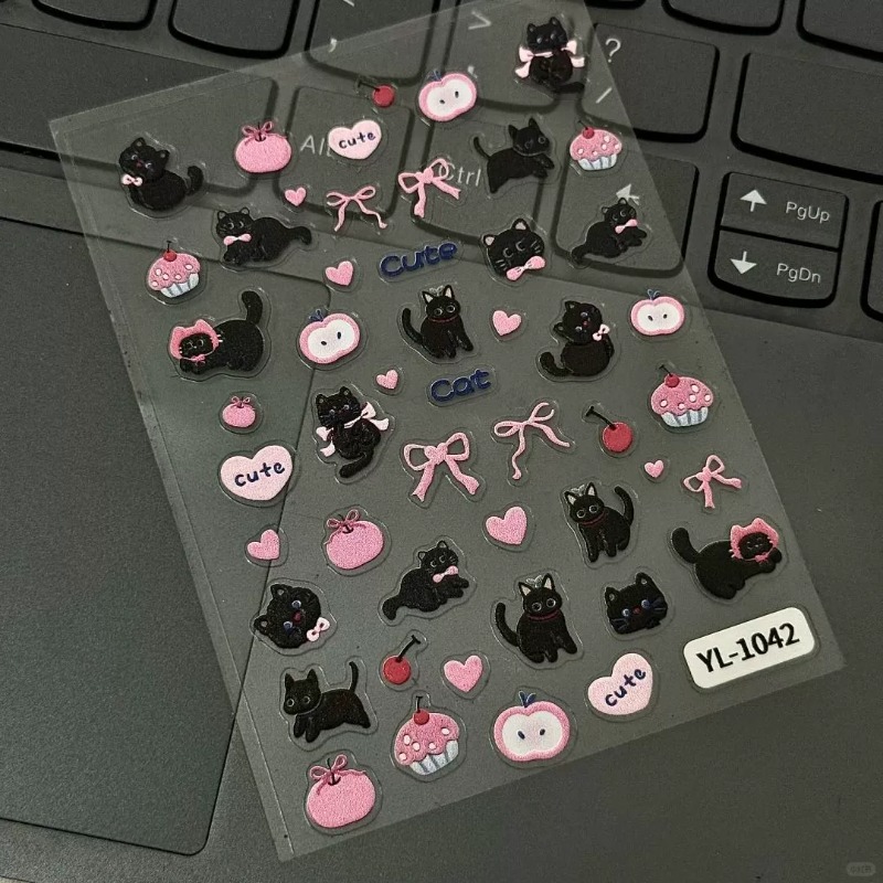 Nail Art Vintage - สติกเกอร์นูน 3 มิติ ลายแมวดำน่ารัก พร้อมโบว์การ์ตูน สำหรับตกแต่งเล็บ
