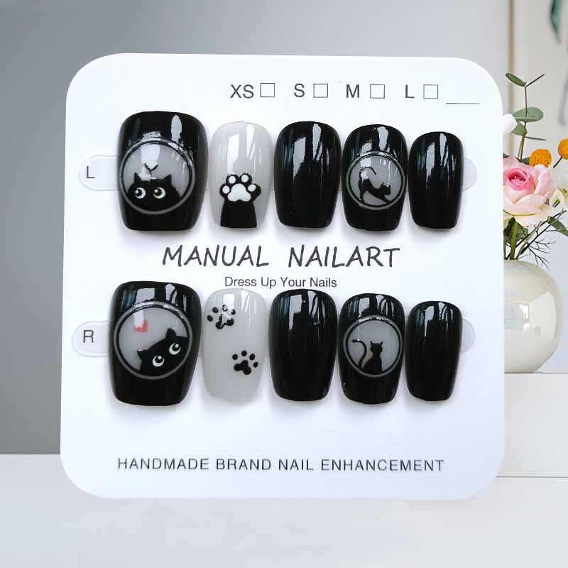 Nail Art Pink - เล็บปลอมลายการ์ตูนแมวน่ารักสีดำและโบว์สีชมพู 10 ชิ้น ทำมือ กดติดเล็บ หัวเหลี่ยม