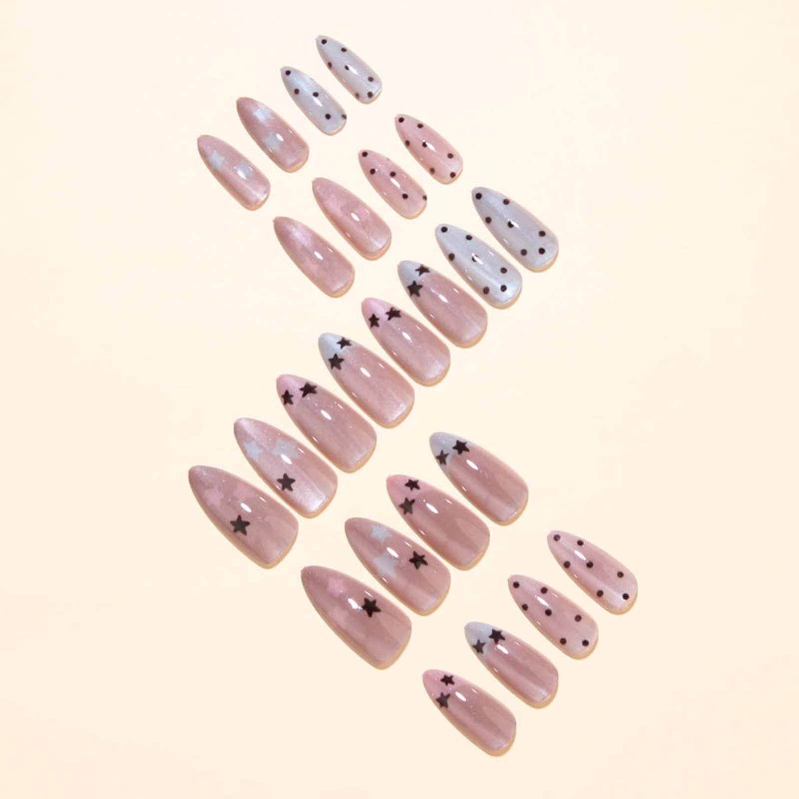 Nail Art Glossy - เล็บปลอมสีชมพูนู้ดทรงอัลมอนด์ 24 ชิ้น เงางามลายตาแมว พร้อมลายดาวห้าแฉก/ลายจุด สำหรับสาวๆ